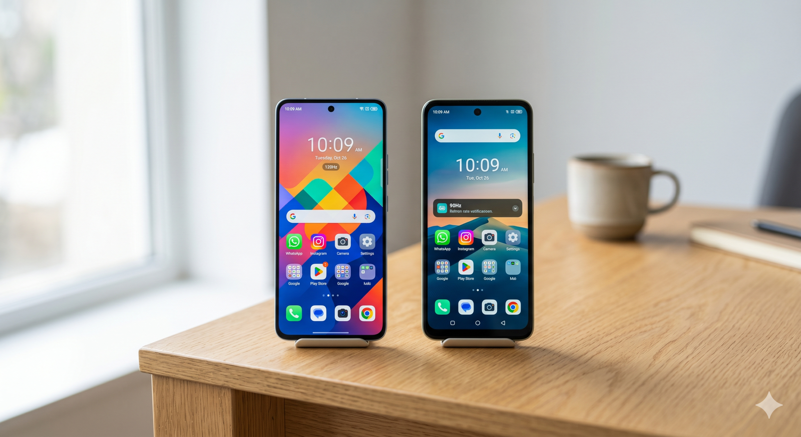 Two smartphones stand upright on a wooden table, their colorful home screens visible in a bright room near a window.