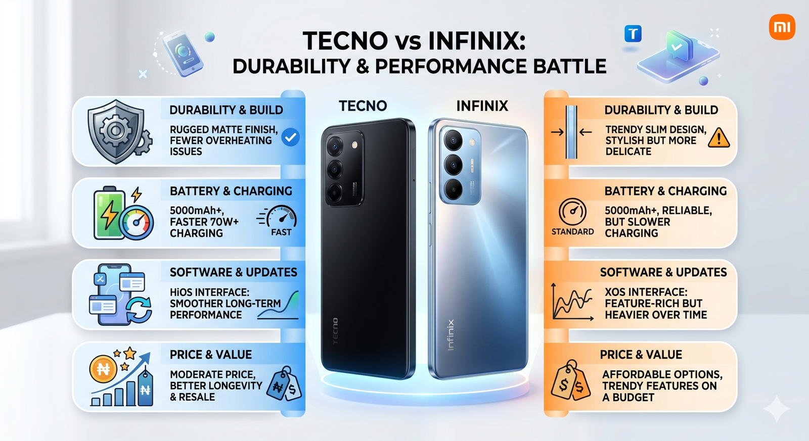 Infographic titled 'TECNO vs INFINIX: Durability & Performance Battle' showing two smartphones (TECNO left, INFINIX right) with blue (TECNO) and orange (INFINIX) feature panels on sides describing durability, battery, software, and price.