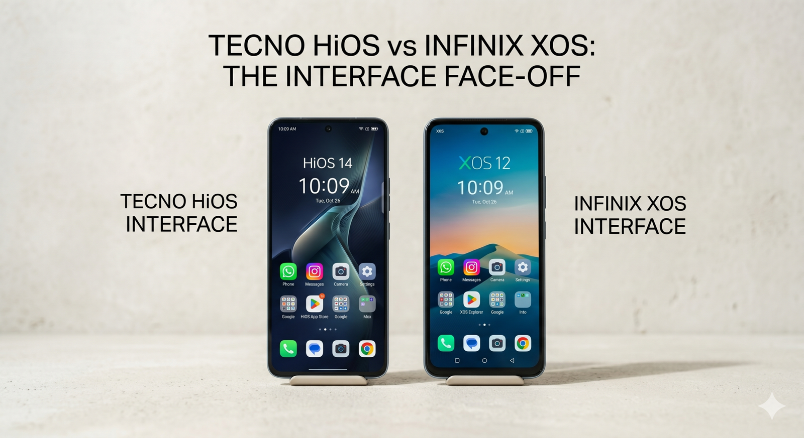 Banner comparing TECNO HiOS and INFINIX XOS interfaces, featuring two smartphones side by side on a light background.