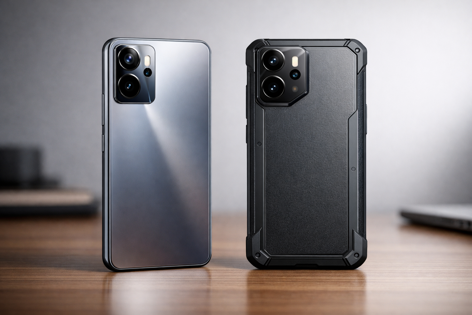 Two smartphones stand side by side on a wooden table: a sleek glass-backed model and a rugged protective case-cover model with reinforced corners.