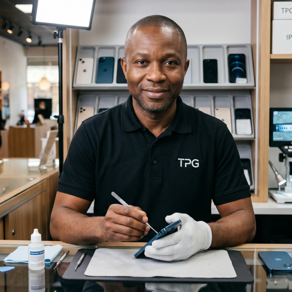 Tech wearing a black TPG polo repairs a smartphone at a glass counter in a tech store