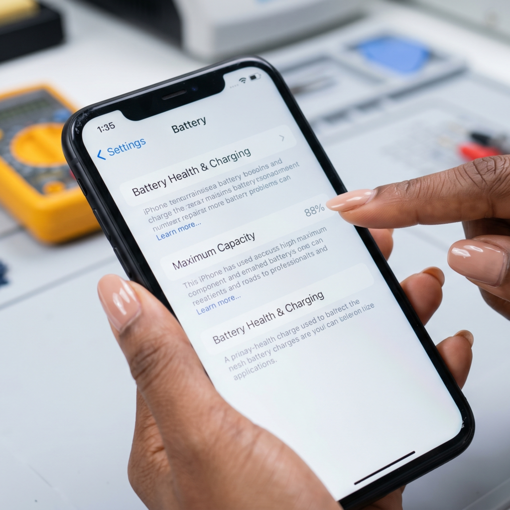 Close-up of a person holding an iPhone showing Battery Health & Charging settings on the screen.