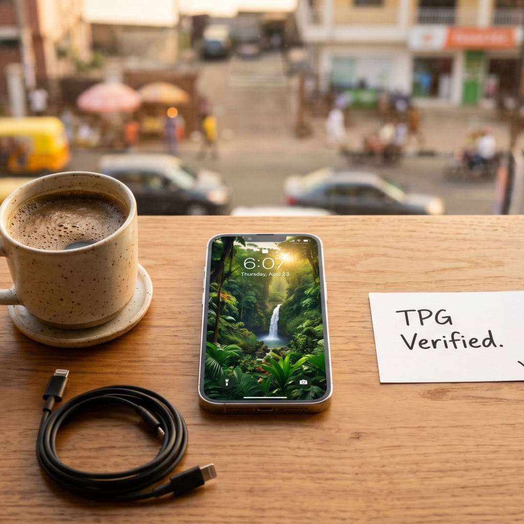 A medium-wide, photorealistic close-up photograph from a slightly low angle, captured in a well-lit, modest apartment in Yaba, Lagos. Sunlight streams in from a window, highlighting soft shadows. The young Nigerian man from image_0.png (neat low-cut hair, stubble) is sitting at his wooden desk, focusing intently on a black iPhone 12 (as seen in image_0.png) held in his hands. His left index finger is pointed critically at the camera notch, as if setting up or verifying Face ID immediately after purchase. The angle is intimate, making the viewer feel his urgency. In the foreground, significantly more surrounding desk space (pristine polished wood texture) is now visible, providing extensive clean negative space to the left and top for the blog title. A blurred "TPG" (The Phonepreneur) paper bag and coiled cable from image_0.png rest on the far edge of the wide frame. The atmosphere is concentrated and trustworthy. Shot on Sony A1, sharp focus on his eyes, hands, and the phone notch, bokeh background.