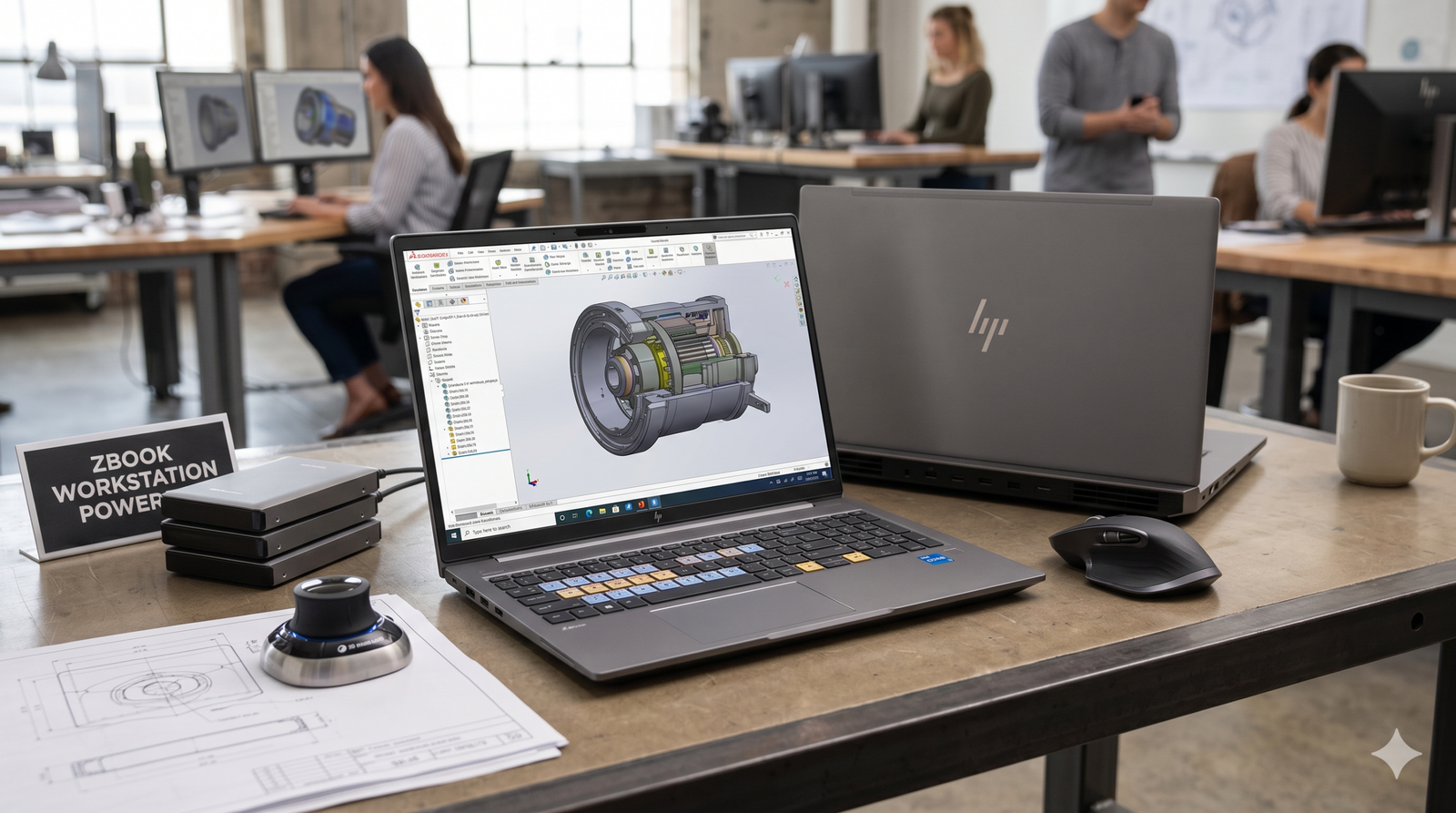 Engineering workstation with two laptops; the foreground laptop shows a 3D CAD model, sign reads 'ZBOOK WORKSTATION POWER' on the left, coffee mug nearby and papers on the desk, coworkers blurred in the background.