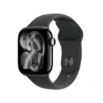 Apple Watch with a dark silicone band, shown at an angle with a rounded square display and crown visible on the side.