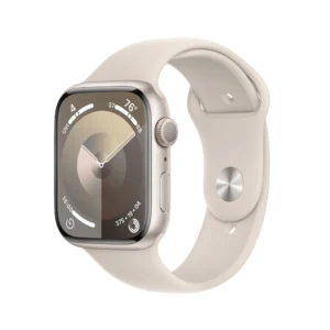 Beige Apple Watch with a silver case and light beige band, shown at a three-quarter angle.