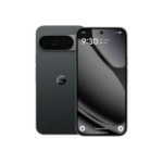 Front and back view of a dark gray Google Pixel smartphone, highlighting the horizontal camera bar on the back.