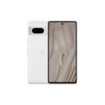 White Google Pixel smartphone shown from back and front, featuring a horizontal rear camera bar and edge-to-edge display on the front.