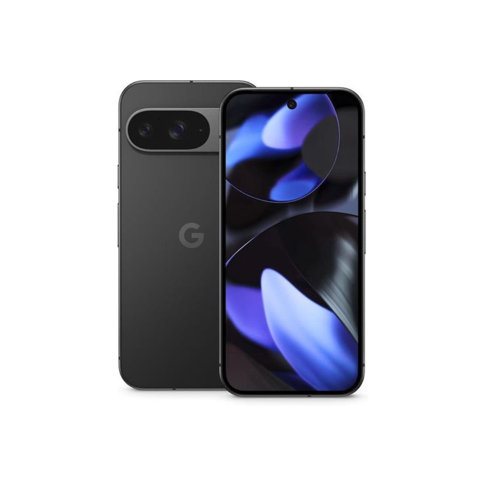 Black Google Pixel-style smartphone shown from back and front, featuring a horizontal dual-camera bar and an edge-to-edge display with blue abstract wallpaper on screen