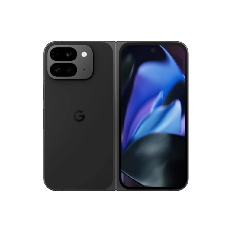 Black Google Pixel smartphone shown from back and front, featuring a dual-camera bump with flash and a centered Google 'G' logo, next to its edge-to-edge display showing a colorful wallpaper.