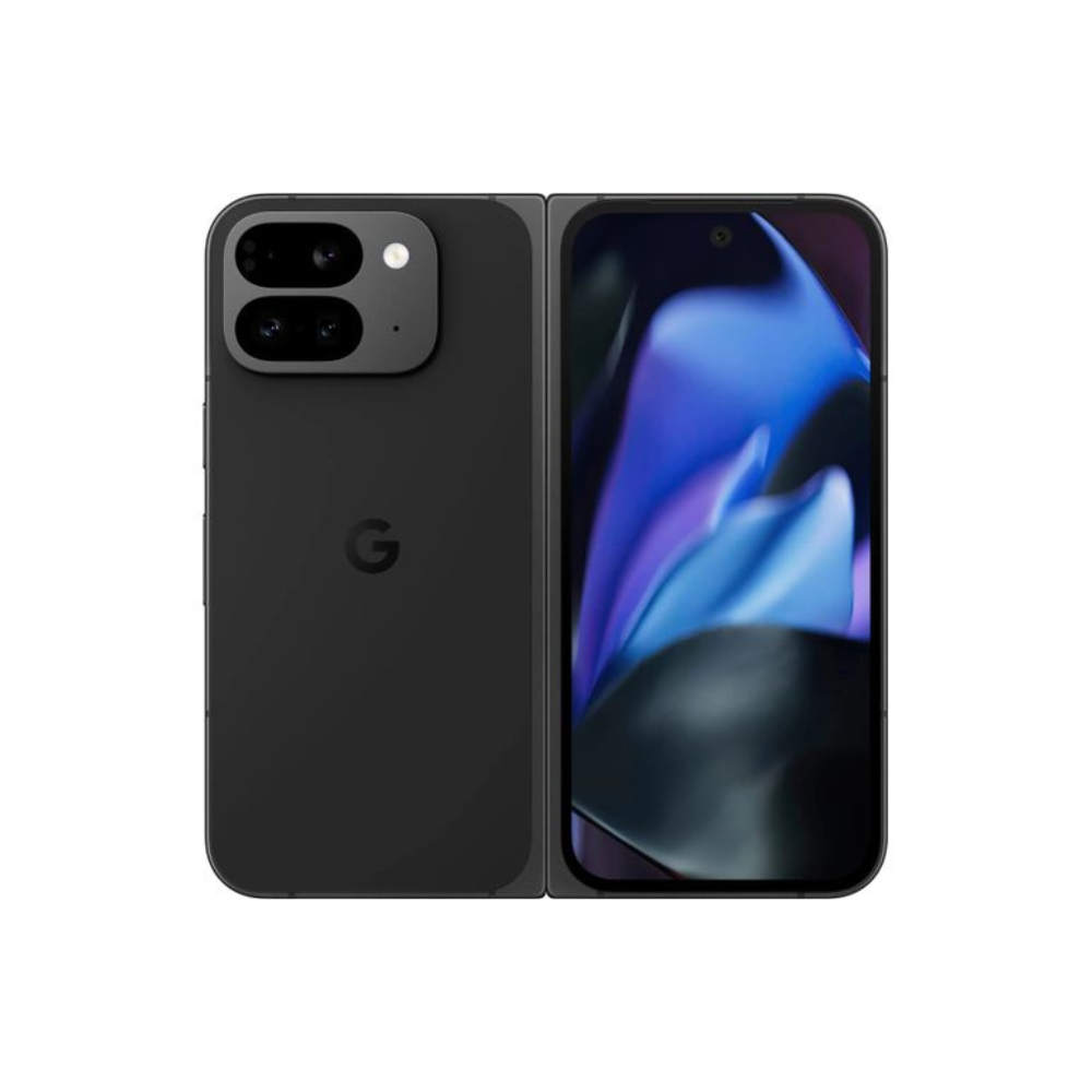 Black Google Pixel smartphone shown from back and front, featuring a dual-camera bump with flash and a centered Google 'G' logo, next to its edge-to-edge display showing a colorful wallpaper.
