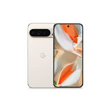 Beige Google Pixel phone shown from back and front, highlighting the triple-camera bar and a tall edge-to-edge display.