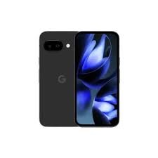 Black Google Pixel smartphone shown from back and front, with blue abstract wallpaper on the display.
