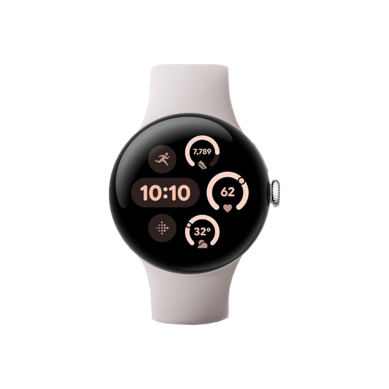 Round smartwatch with a pale pink band displaying time and activity widgets on a black screen