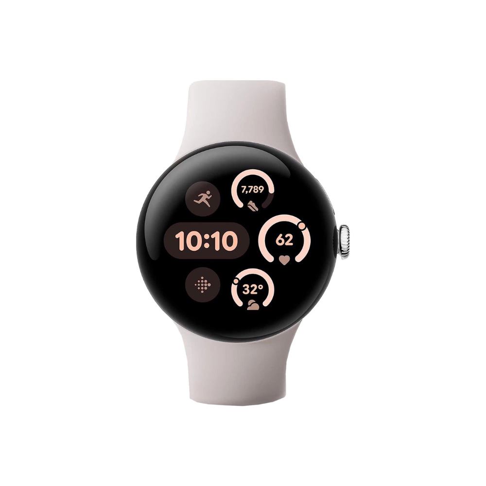 Round smartwatch with a pale pink band displaying time and activity widgets on a black screen