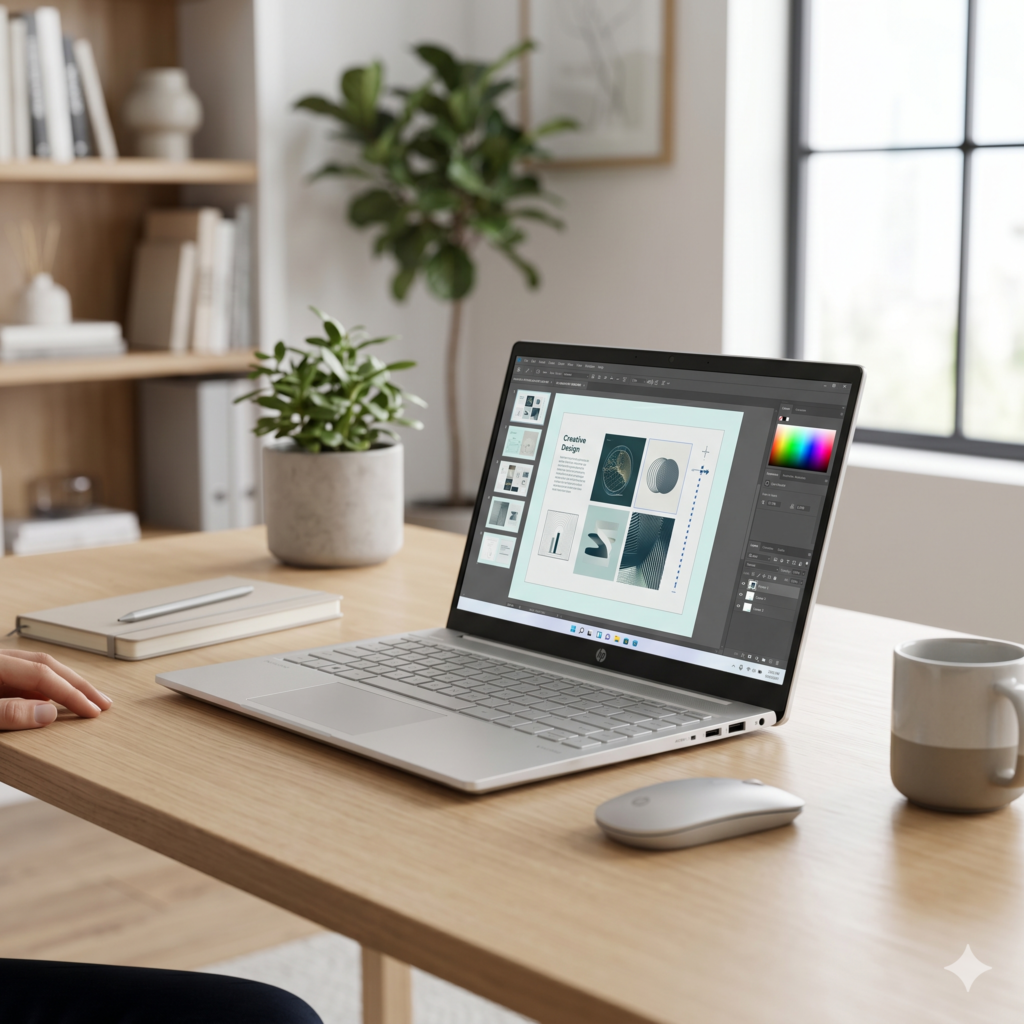 Laptop on a light wood desk in a bright home office with a plant and bookshelf blurred in the background