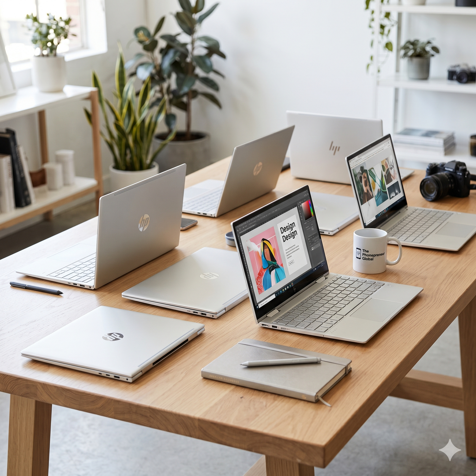 Several open laptops on a long wooden table in a bright office with potted plants in the background.
