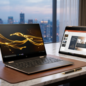 Two HP laptops on a marble desk in a modern office, one showing a gold abstract wallpaper and the other a slide deck for a presentation, with a cityscape through large windows in the background.