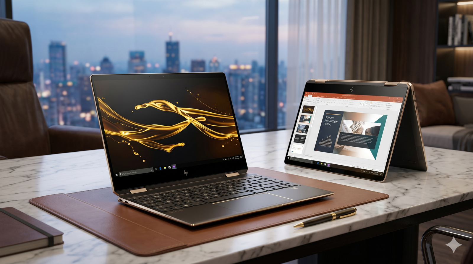 Two HP laptops on a marble desk in a modern office, one showing a gold abstract wallpaper and the other a slide deck for a presentation, with a cityscape through large windows in the background.
