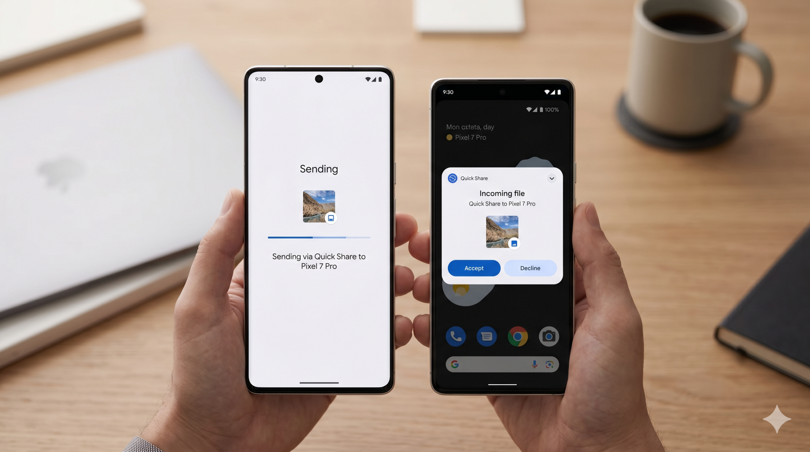Two smartphones side by side showing a file being shared via Quick Share to a Pixel 7 Pro. Left phone displays 'Sending' screen, right phone shows incoming share dialog in a bright UI.
