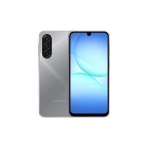 Samsung Galaxy smartphone with a vertical triple-camera setup on the back, silver finish, and a blue wallpaper on the display.