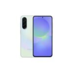 Samsung Galaxy A36 Brand New - The Phonepreneur Global Front and back view of a light gradient smartphone, featuring a vertical triple-camera module on the back and a colorful display on the front.