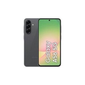 Samsung Galaxy A56 5G smartphone shown from front and back, with a green-pink gradient display and triple camera module on the rear.
