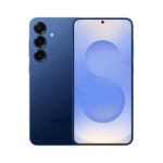 Blue Samsung Galaxy smartphone shown from back and side, featuring a triple rear camera array and sleek blue finish.