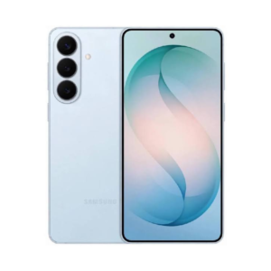 Blue Samsung Galaxy smartphone with a vertical triple-camera module on the back and a slim punch-hole front camera in a bright display.