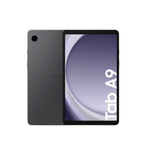 Samsung Tab A9 tablet in gray shown from both front and back, front with black bezel and curved wallpaper, back with a single rear camera.