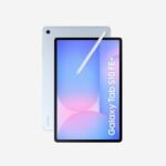 Samsung Galaxy Tab S10 FE Plus Brand New - The Phonepreneur Global Front and back view of a light-blue Samsung Galaxy Tab S8 FE tablet with a white S Pen resting diagonally on the display.
