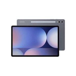 Samsung tablet with front display showing a blue-purple abstract wallpaper and a gray back panel with camera cutouts behind it