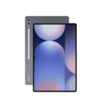 Samsung Galaxy tablet shown from front and back, gray rear with dual cameras and vertical camera strip.