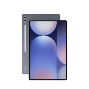 Samsung Galaxy tablet shown from front and back, gray rear with dual cameras and vertical camera strip.