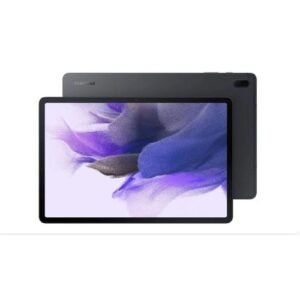 Front and back views of a Samsung tablet with a purple abstract wallpaper on the screen, showing the device from an angled perspective.