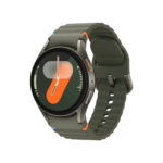 Round smartwatch with olive green band and orange accents, shown at an angle to highlight the metal case and strap holes