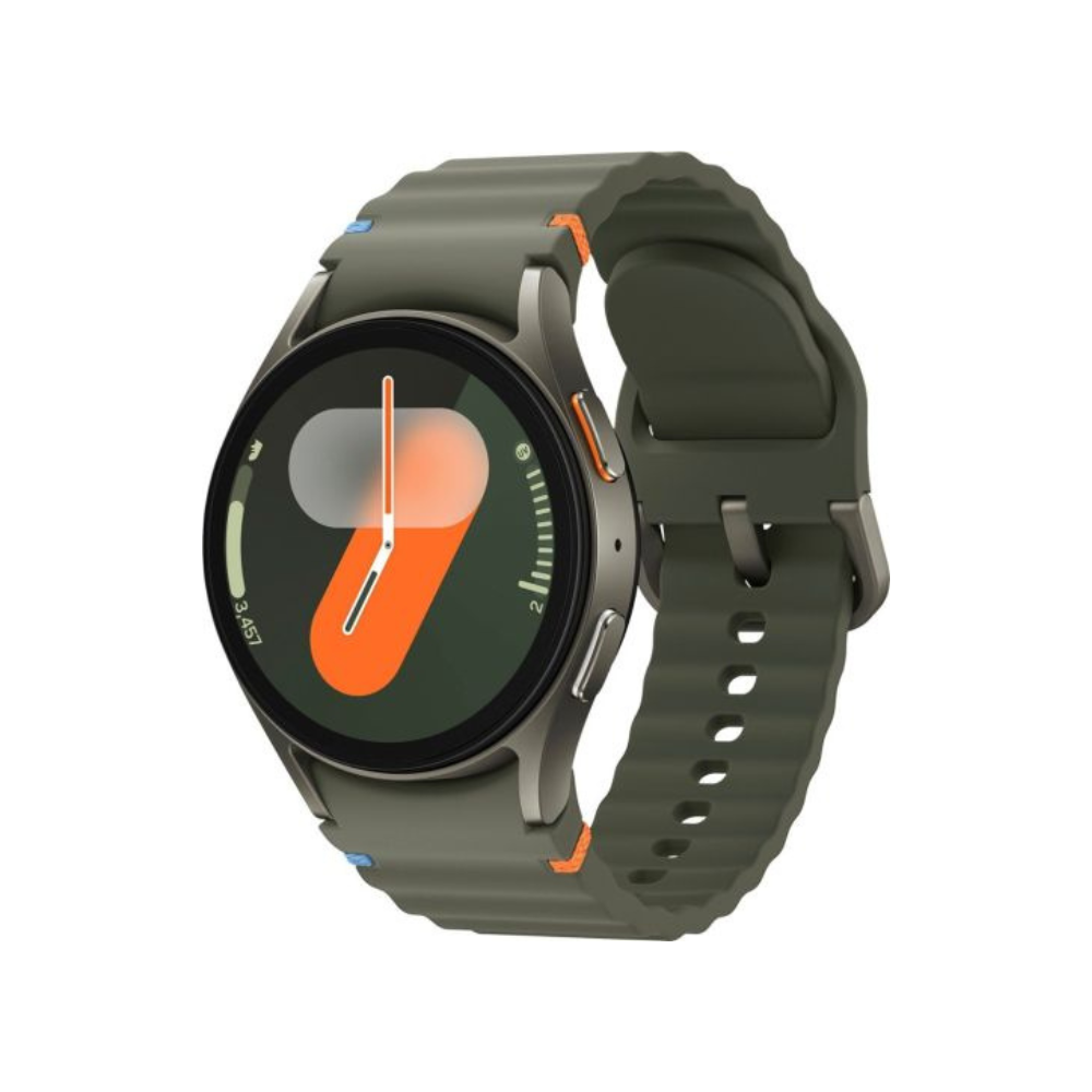Round smartwatch with olive green band and orange accents, shown at an angle to highlight the metal case and strap holes