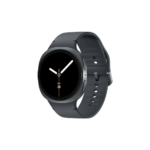 Round smartwatch with a dark gray band displaying an analog clock on a black screen (time visible).