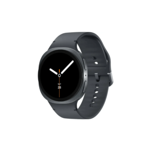 Round smartwatch with a dark gray band displaying an analog clock on a black screen (time visible).