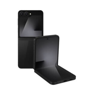 Samsung Galaxy Z Flip 7 Brand New - The Phonepreneur Global Black foldable smartphone with dual screens, one open and one closed, on a white background.
