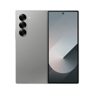 Samsung Galaxy Z Fold 6 Brand New - The Phonepreneur Global Front and back view of a silver-gray smartphone: large edge-to-edge display on the front and a triple-camera module on the back.
