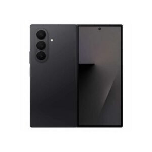 Foldable smartphone showing a dark gray back with a vertical triple-camera array and a front fold-out display open to reveal the screen.