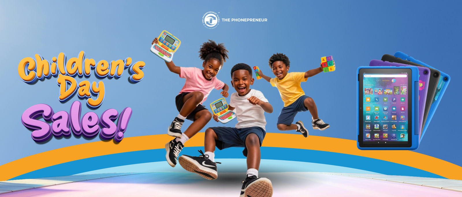 Three children jump in the air with toy laptops, on a blue background, beside the bold headline 'Children's Day Sale!' and colorful tablets on the right.