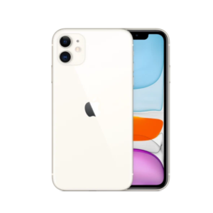 White iPhone shown from back with dual cameras and Apple logo, front view reveals colorful wallpaper on screen.