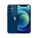 Blue iPhone with dual rear cameras shown from the back and front, displaying a blue finish and Apple logo on the back.