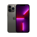 Dark gray iPhone with a triple-camera back and a vibrant purple wallpaper on the display.