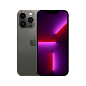 Dark gray iPhone with a triple-camera back and a vibrant purple wallpaper on the display.
