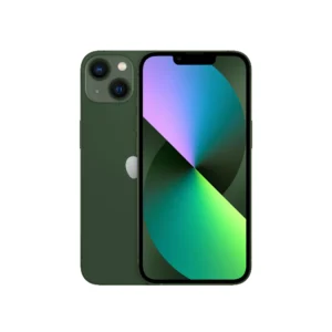 iPhone 13 UK Used - The Phonepreneur Global Green iPhone shown from back and front with a dual-camera setup and edge-to-edge display showing a colorful wallpaper.