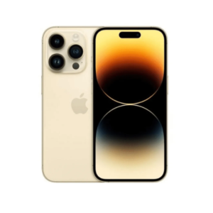 Gold iPhone shown from back and front, featuring a triple-camera rear system and edge-to-edge display with a gradient wallpaper.