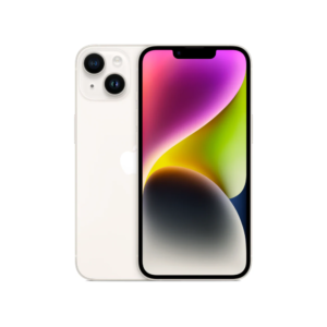 iPhone 14 UK Used - The Phonepreneur Global White iPhone with dual-camera back and large edge-to-edge display showing a colorful gradient wallpaper on the screen, device angled to the front-left.